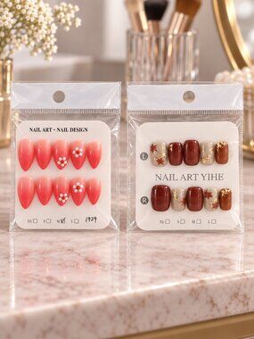 2 Press On Nail Sets Pink Floral Brown Marble Gold Foil 20pc New